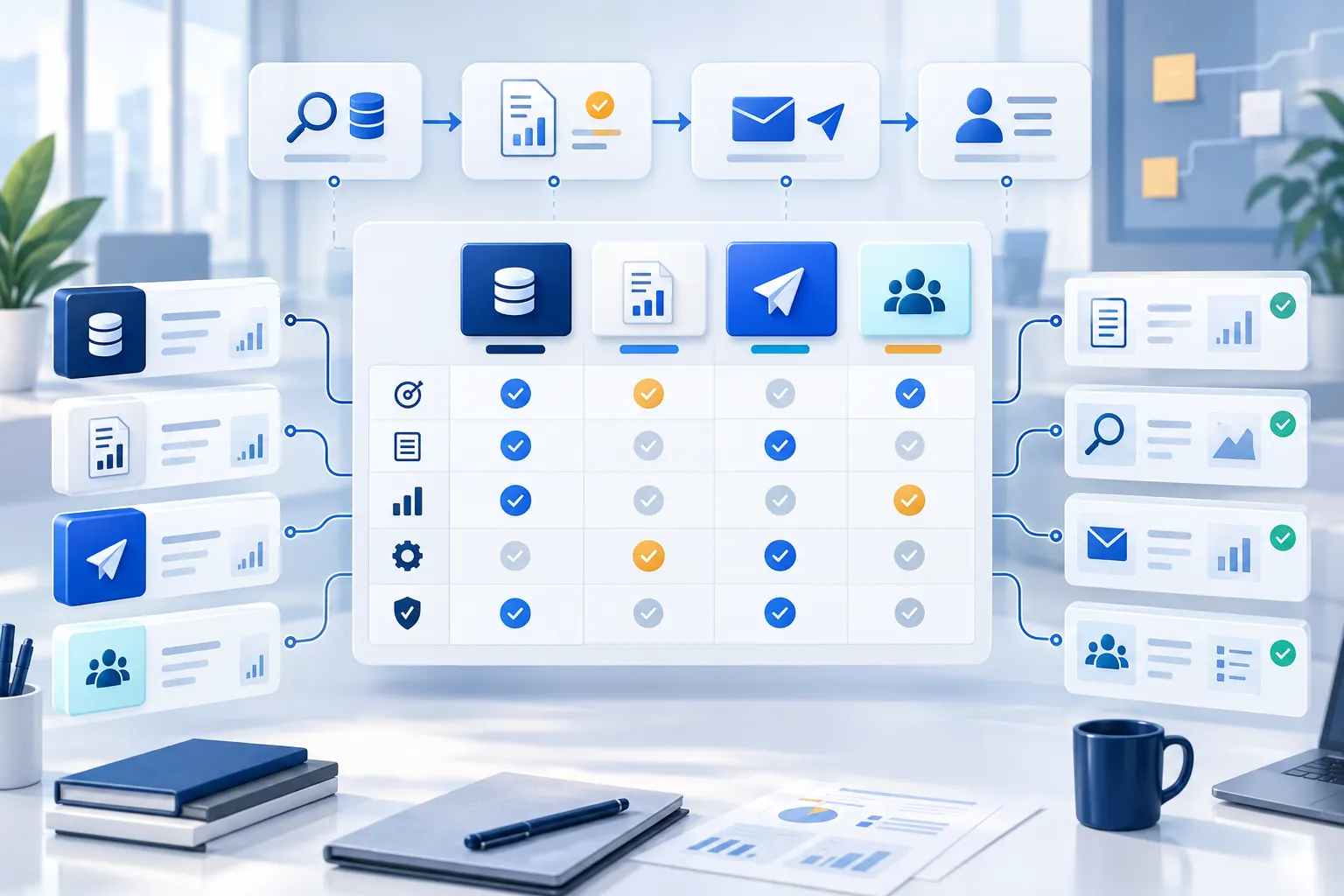 Abstract B2B prospecting workflow showing data, research, outreach and CRM tools assessed against one shared evaluation scorecard.